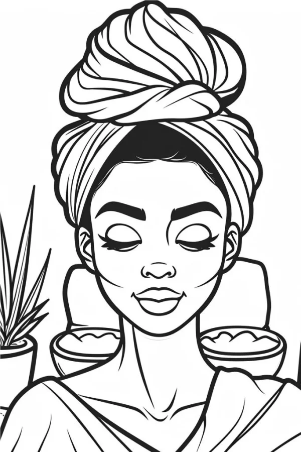 Woman with head wrap and facial mask, cartoon style — free printable beauty care coloring book page