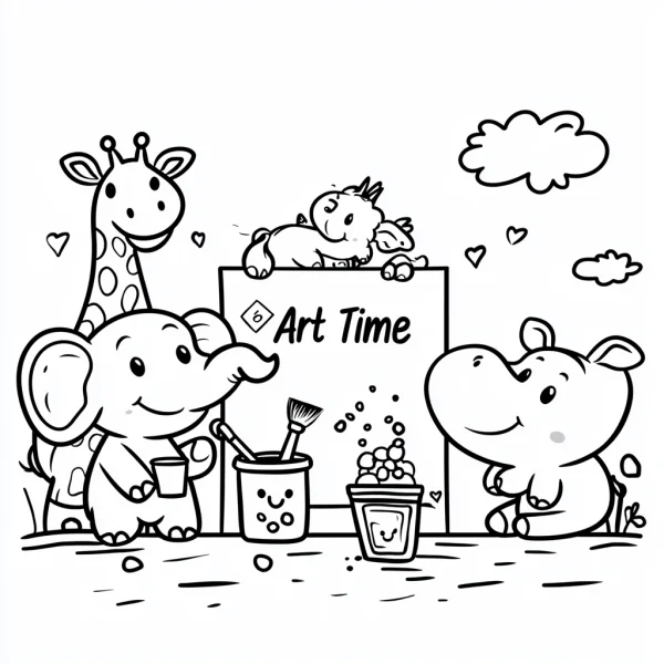 Coloring book page, cute cartoon animal painting scene with giraffe — free printable handmade diy coloring book page