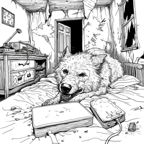 Angry wolf lying on messy bed in a damaged room, realistic style — free printable mammals coloring book page