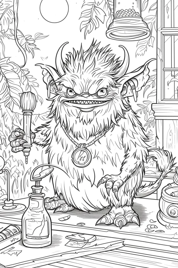 Fluffy fantasy gremlin holding a syringe, cartoon style — free printable science experiments coloring book page