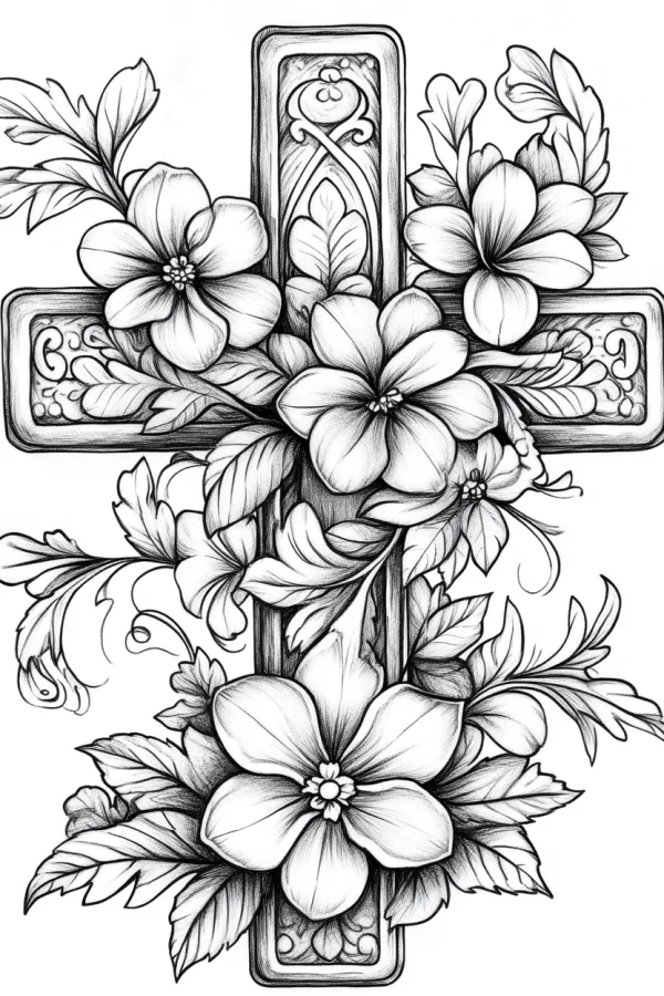 Cross wrapped with flowers and leaves, realistic line art style — free printable natural flowers coloring book page