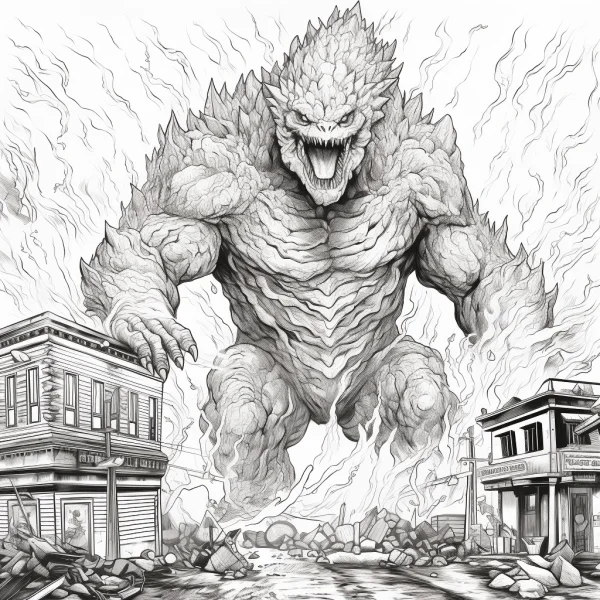 Giant destructive monster, realistic sketch style — free printable disaster coloring book page