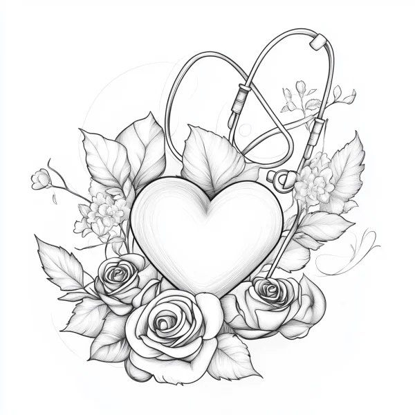 Heart with stethoscope surrounded by roses and leaves, realistic line art style — free printable healthcare profession coloring book page