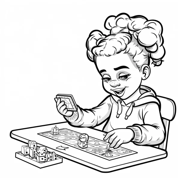 Curly-haired girl playing board game at a table, cartoon style — free printable board games coloring book page