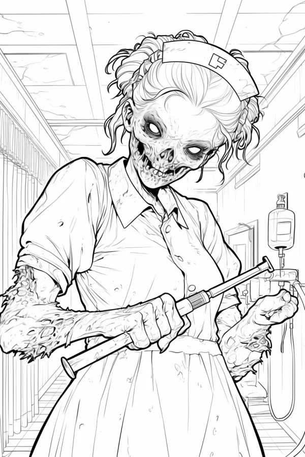Terrifying zombie nurse with skeletal face and rotting arms, horror dark style — free printable nurse coloring book page