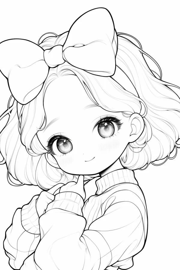 Cute cartoon girl with big bow hair accessory, short curly hair — free printable cartoon characters coloring book page