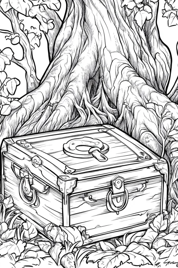 Vintage treasure chest in forest, realistic line art style — free printable treasure hunt coloring book page