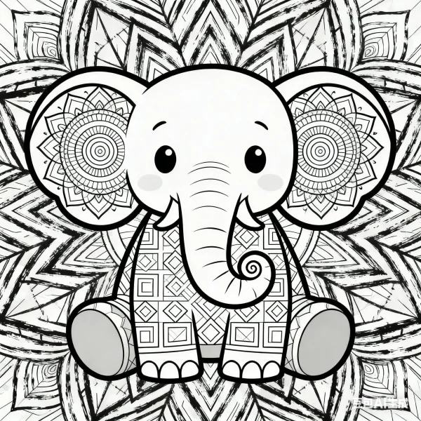 Cute cartoon elephant with mandala patterns on ears and body, mandala star pattern background — free printable mandala art coloring book page