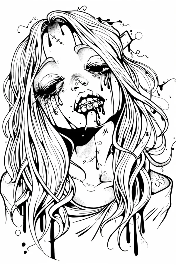 Dark injured bleeding girl with stitched wounds and band-aid, gothic horror style — free printable bloody coloring book page