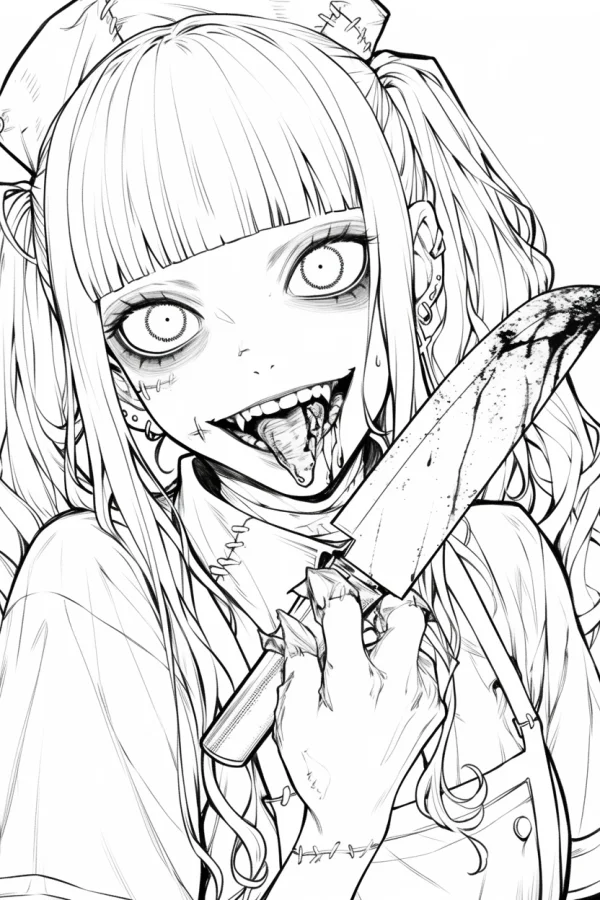 Dark bloody nurse holding a blood-stained cleaver, anime horror style — free printable nurse coloring book page