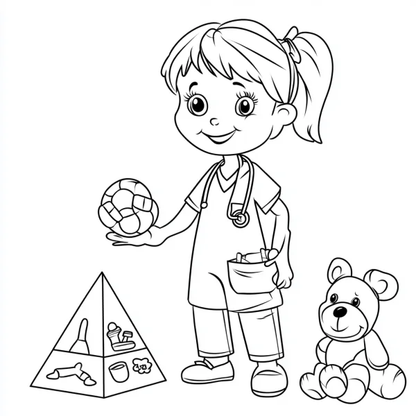 Cartoon pediatric female doctor with stethoscope, holding toy soccer ball — free printable medical coloring book page