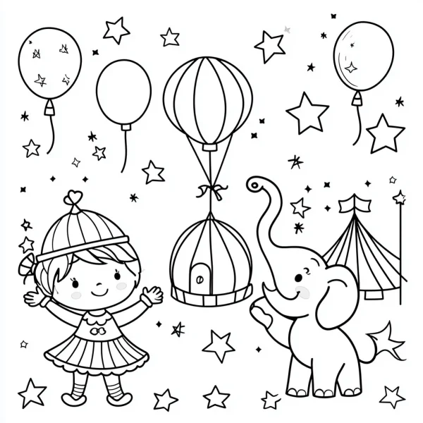 Circus girl and cute elephant, cartoon style — free printable circus coloring book page