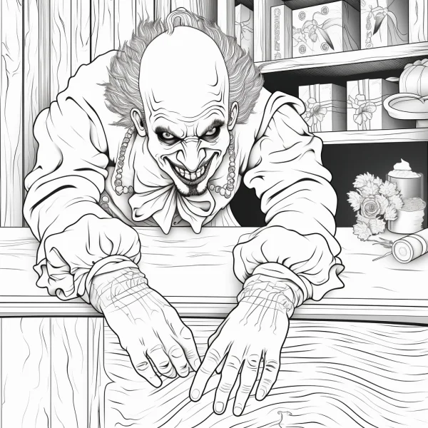 Creepy horror clown, gothic horror style — free printable clown coloring book page