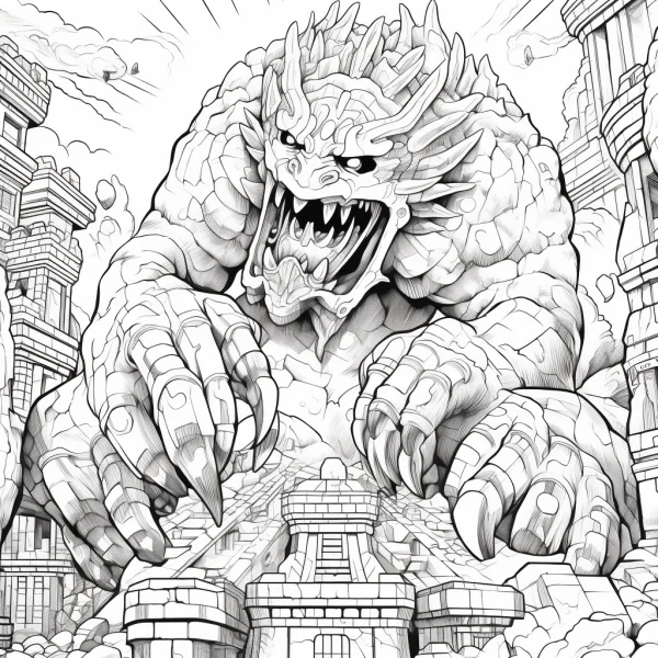 Rocky giant monster with sharp claws and fangs, horror fantasy comic style — free printable ancient civilization coloring book page