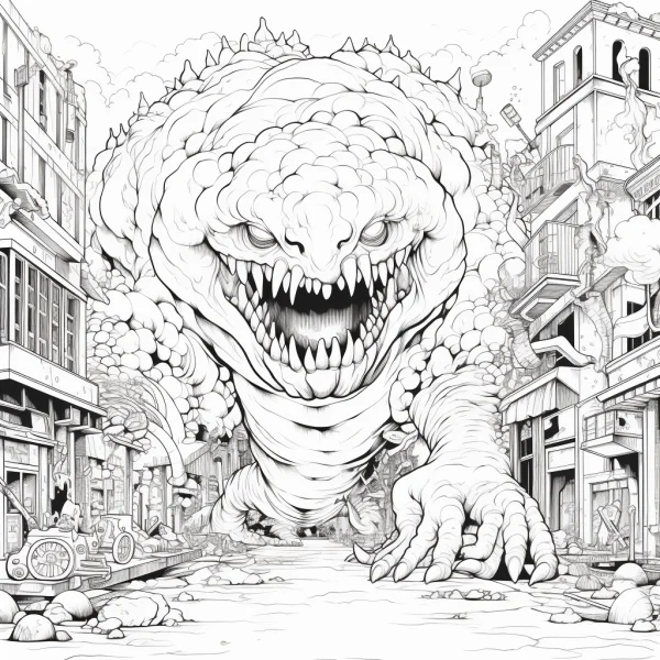 Giant destructive monster in city ruins, realistic line art style — free printable disaster coloring book page