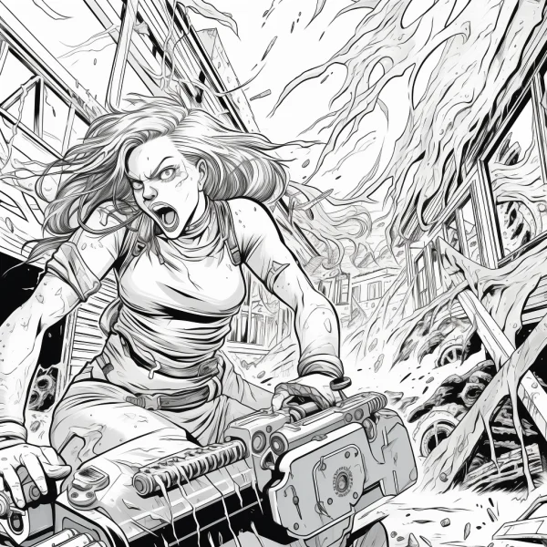 Fierce warrior woman holding heavy weapon, comic art style — free printable action coloring book page