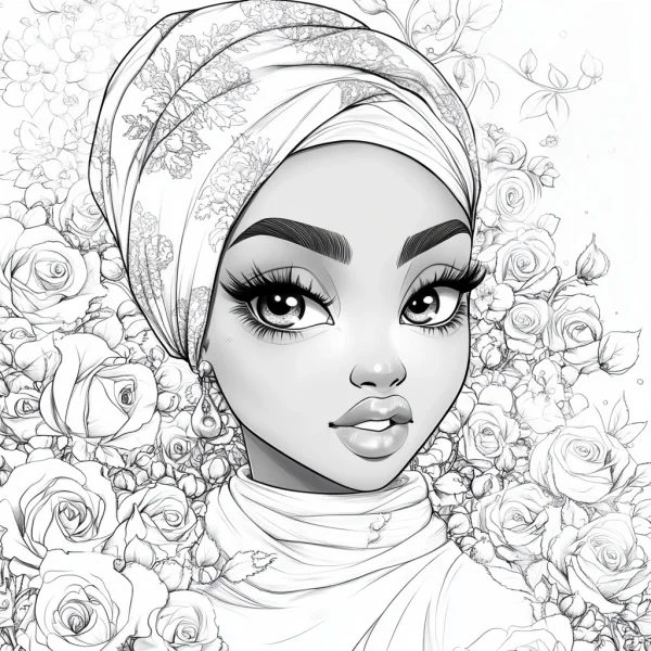 Cartoon girl wearing patterned headscarf, surrounded by detailed roses — free printable middle eastern culture coloring book page