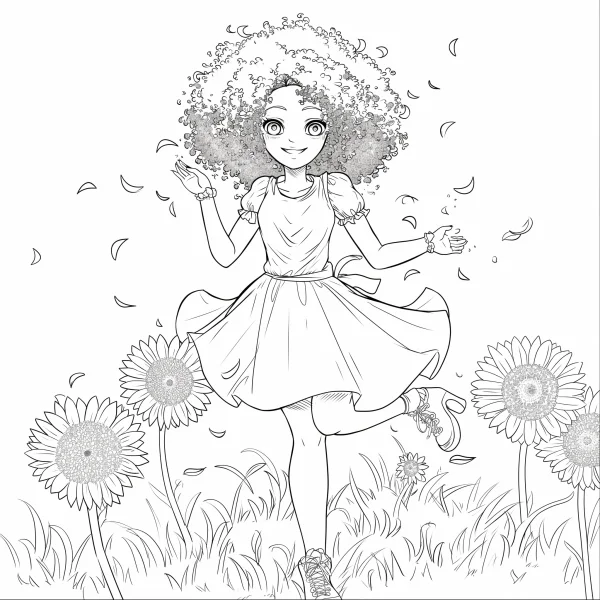 Curly-haired girl in sunflower field, cartoon style — free printable flower season coloring book page