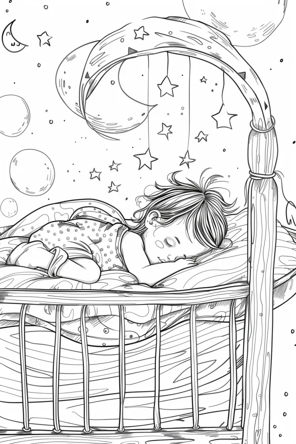 Sleeping little boy in wooden crib with polka-dot blanket, cartoon sketch style — free printable sleep coloring book page