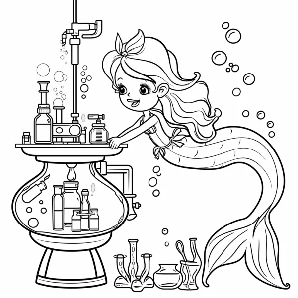 Cute cartoon mermaid conducting experiments at a lab table, surrounded by lab equipment including flasks — free printable science coloring book page