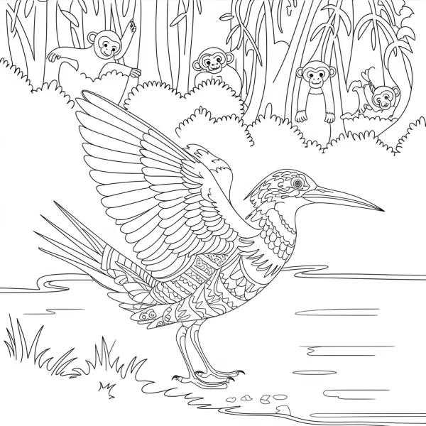 Decorative kingfisher with intricate patterns, cartoon style — free printable wetland coloring book page