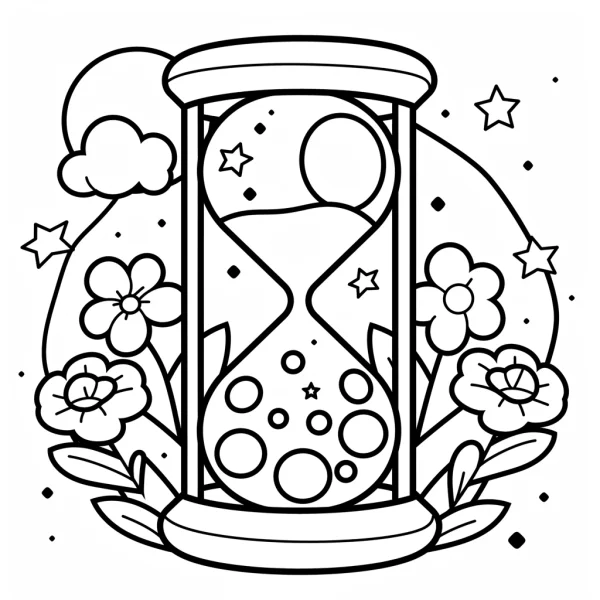 Fantasy hourglass surrounded by flowers, healing style — free printable time coloring book page