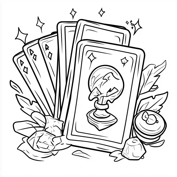 Fantasy playing cards with crystal ball chess piece, cartoon illustration style — free printable games coloring book page