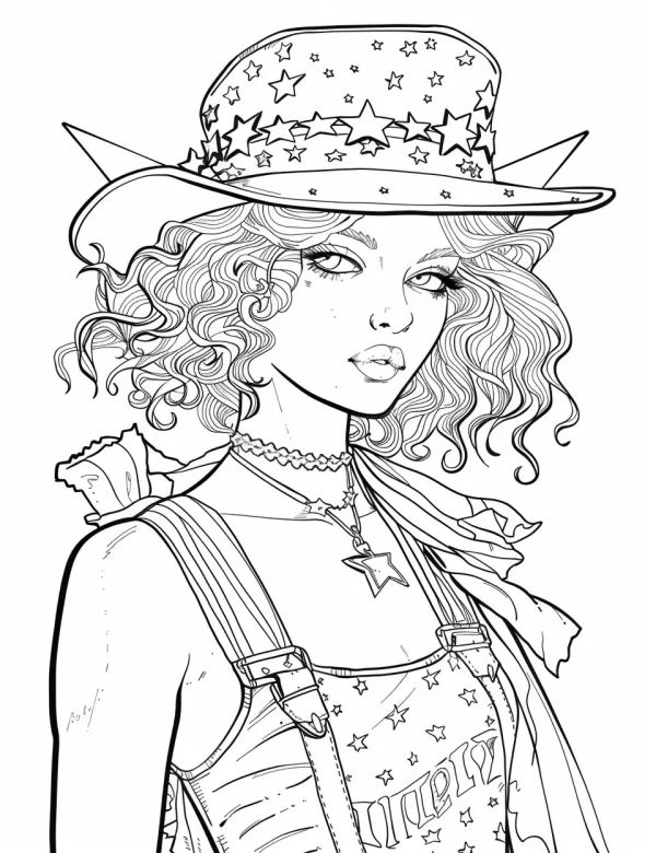 Stylish curly-haired girl wearing star-patterned wide-brim hat and star-themed outfit, american independence day theme — free printable independence day coloring book page