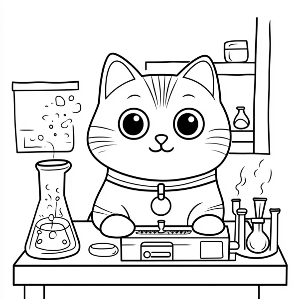 Cartoon cat doing experiments, cartoon style — free printable science experiments coloring book page