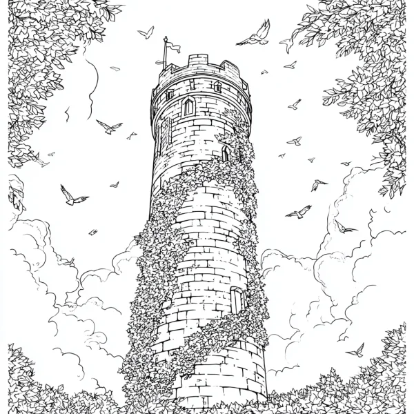 Vintage stone tower covered with ivy, fairy tale style — free printable scenes coloring book page