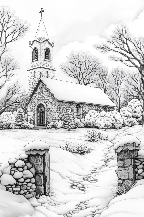 Winter stone church in snowy landscape, realistic sketch style — free printable scenery coloring book page