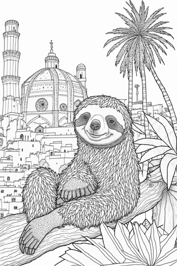 Smiling sloth sitting on tree branch, realistic line art style — free printable middle eastern culture coloring book page