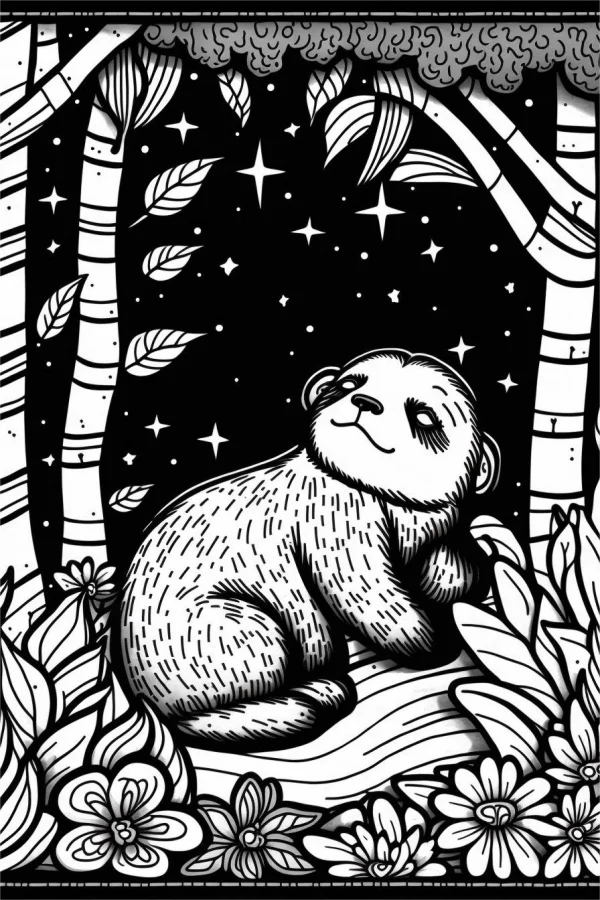 Cute sloth resting in a night forest, cartoon style — free printable night coloring book page