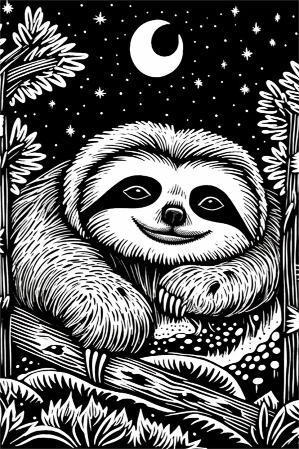 Smiling sloth perched on a branch, sketch style — free printable night coloring book page