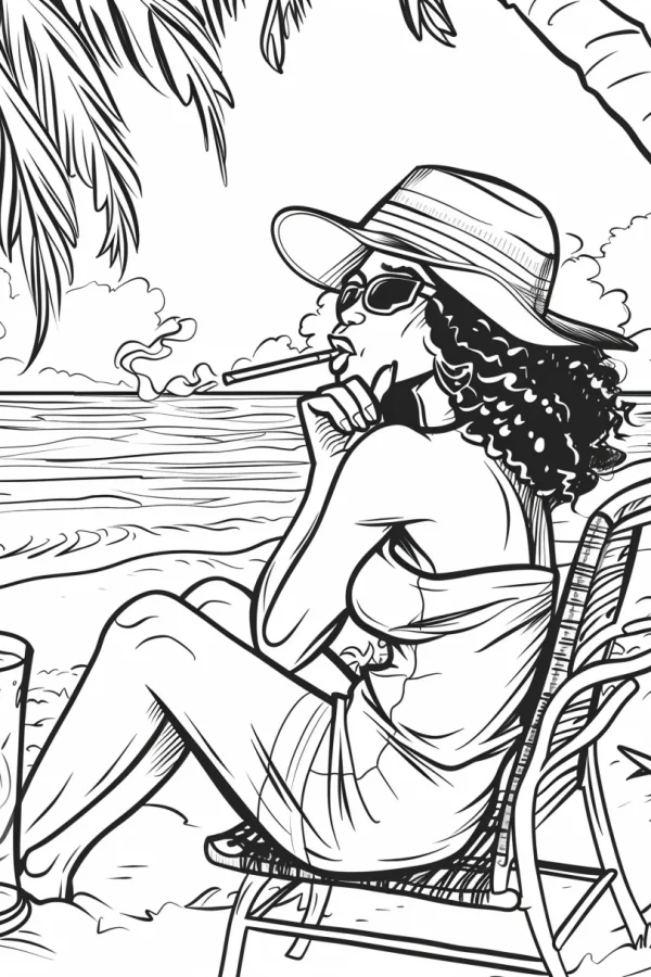 Woman relaxing on beach chair at summer beach, with palm leaves — free printable beach holiday coloring book page