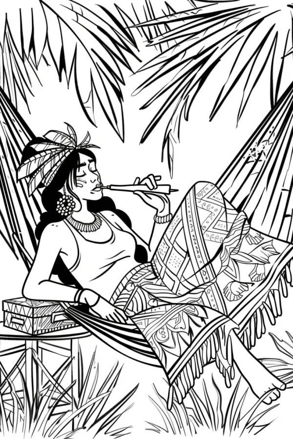 Resting indigenous woman in a hammock, tribal folk art style — free printable tropical nature coloring book page
