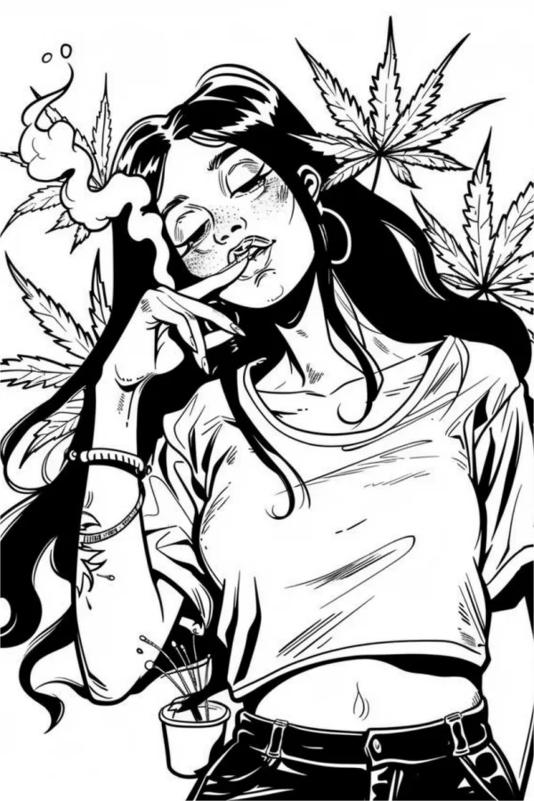 Lazy girl smoking marijuana, comic art style — free printable cannabis culture coloring book page