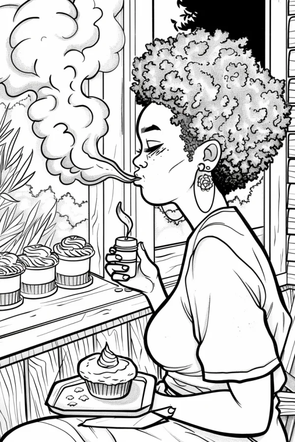 Curly-haired girl enjoying cupcakes and a warm drink, cartoon style — free printable daily leisure coloring book page