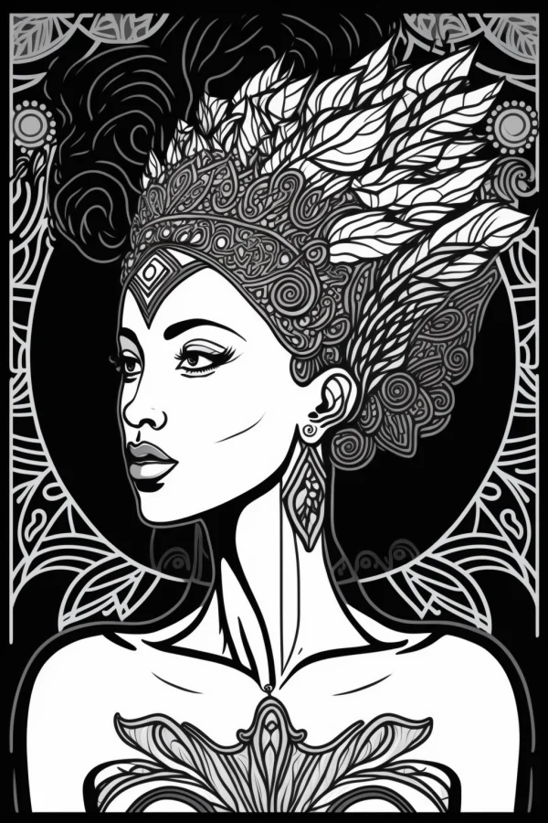 Elegant woman with elaborate feather headdress in art nouveau style, intricate decorative patterns and ornate borders — free printable art nouveau coloring book page
