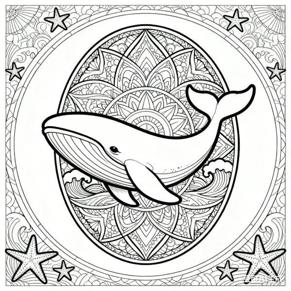Mandala-style whale, mandala art — free printable mandala art coloring book page