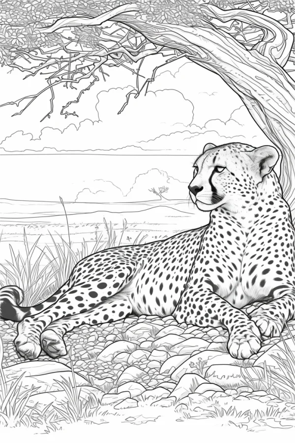 Resting cheetah, realistic sketch line art — free printable grassland coloring book page
