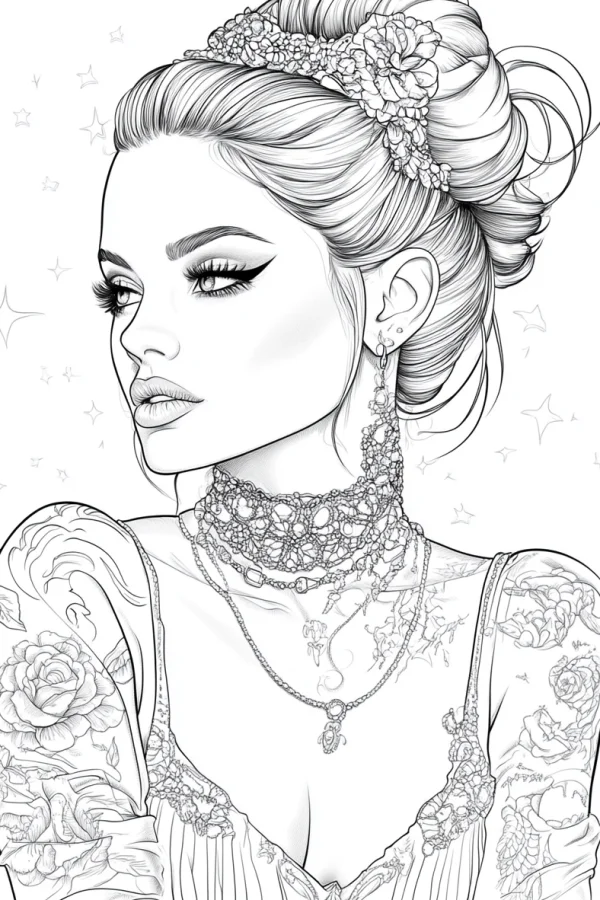 Stylish tattooed woman with elegant updo, realistic line art style — free printable female coloring book page