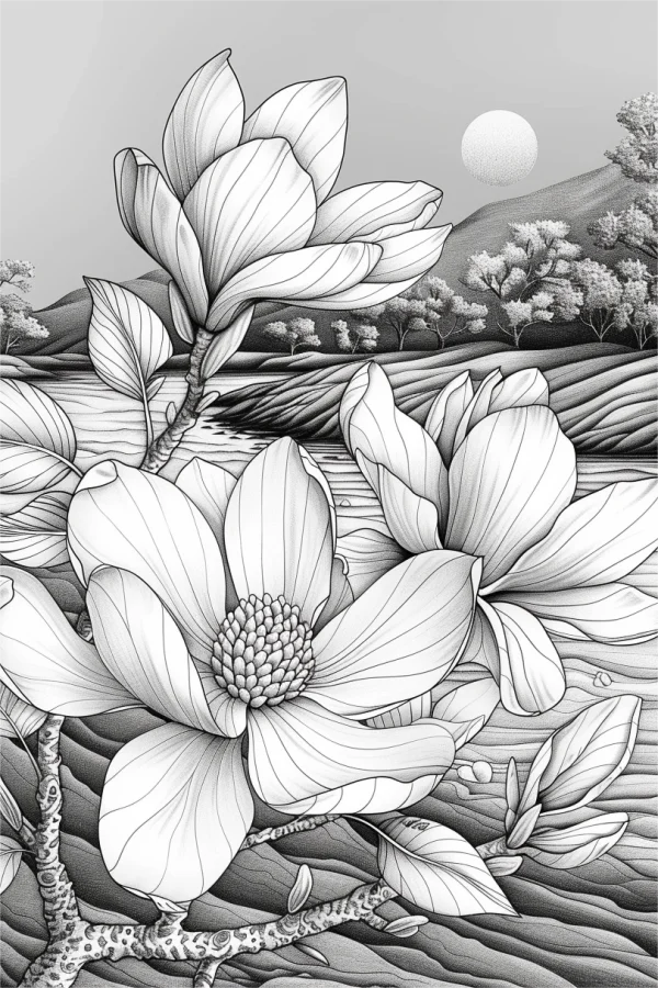 Magnolia flowers by the river, landscape with mountains and full moon — free printable scenery coloring book page