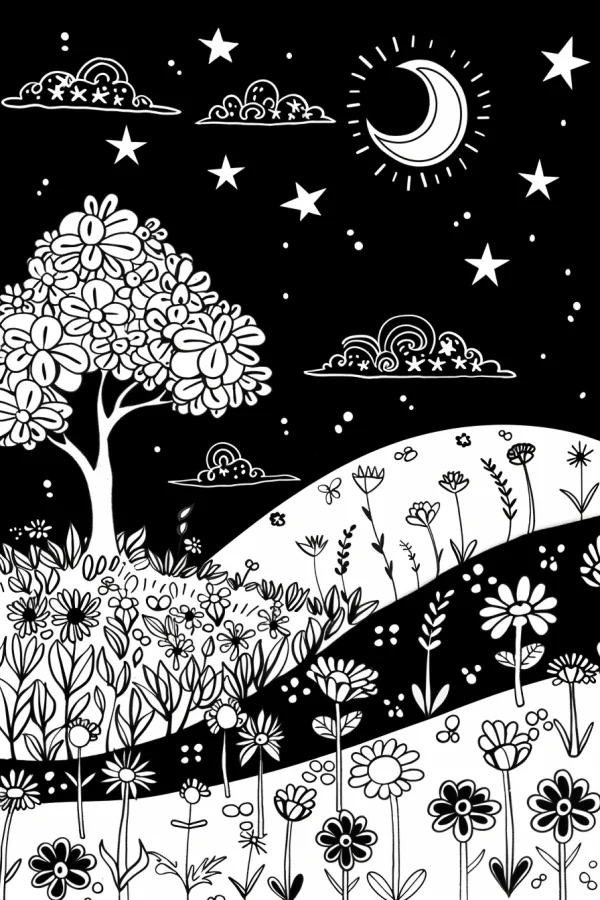 Night natural landscape with flower tree and various wild flowers, simple illustration style — free printable night coloring book page