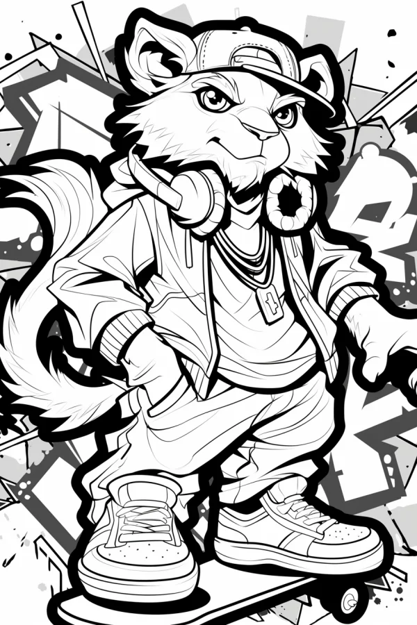 Trendy skateboarding cat wearing baseball cap and headphones, cartoon graffiti style — free printable street fashion coloring book page