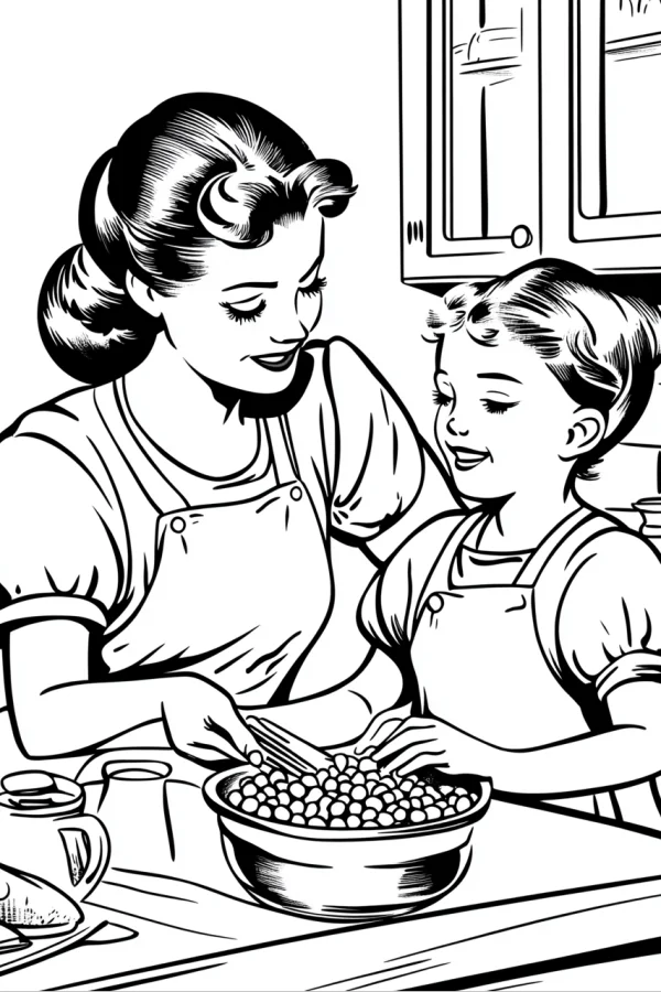 Mother and child in aprons preparing ingredients in kitchen, retro cartoon style — free printable parent-child coloring book page
