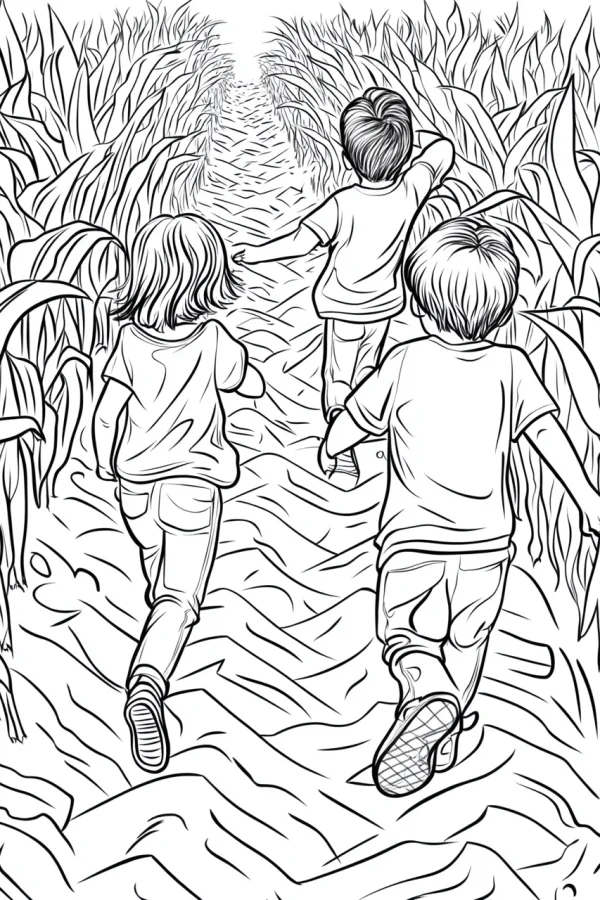 Three running children (two boys and one girl) on a country path surrounded by tall wild grass, cartoon line art style — free printable outdoor play coloring book page