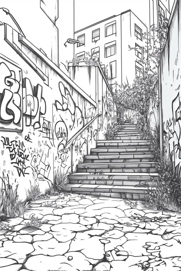 Urban alley with stairs, realistic sketch style combined with graffiti art — free printable city streets coloring book page
