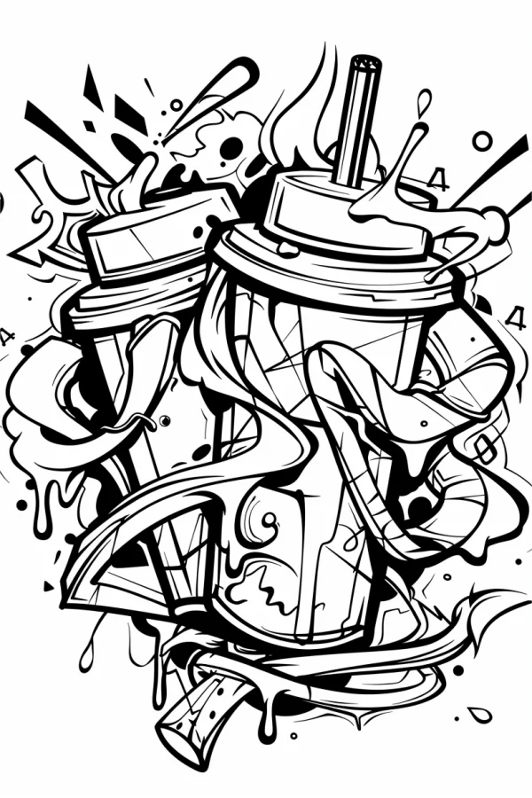 Graffiti-style drink cups with straws, street art style — free printable graffiti art coloring book page