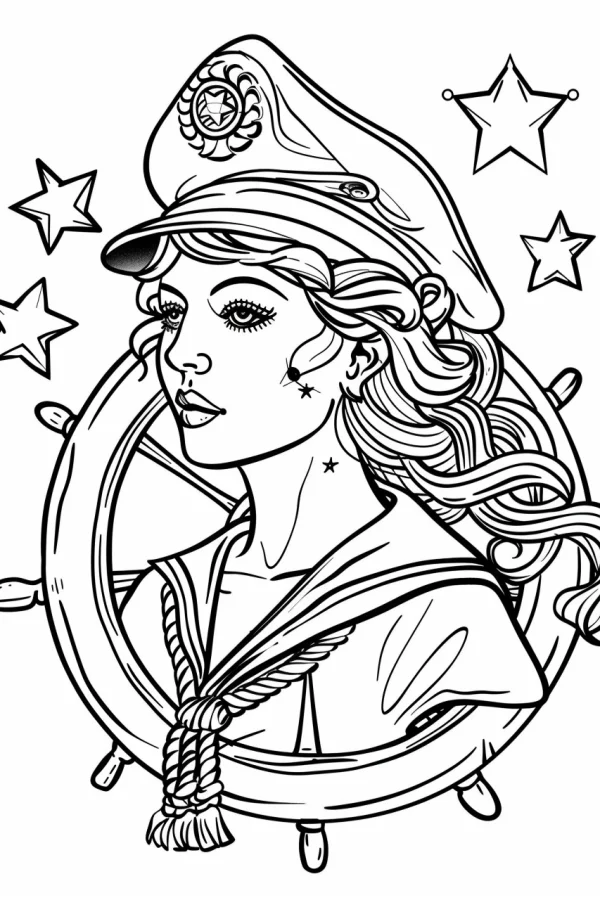 Female sailor with ship's wheel, cartoon illustration style — free printable career theme coloring book page